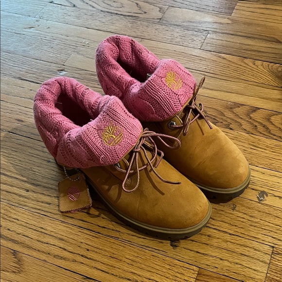 Timberland Shoes - Timberland Wheat Suede Boots with Pink Knit Cuff